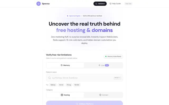 Screenshot of Specrux - Free Tier Hosting & Domain Limits Validator