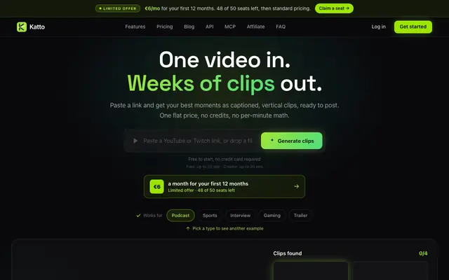 Screenshot of Katto, AI Video Clipper | Turn Videos into Viral Shorts