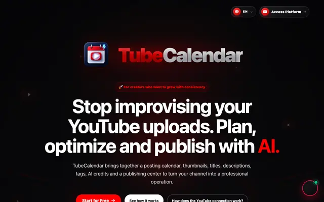 Screenshot of TubeCalendar - Calendário, SEO e IA para Criadores de Conteúdo