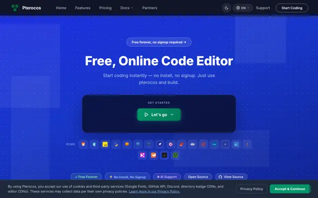 Screenshot of Pterocos | Online Code Editor - Pterocos.eu.org