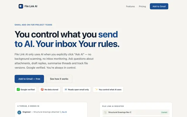 Screenshot of File Link AI — Never lose a project file in your inbox again, privacy focused AI