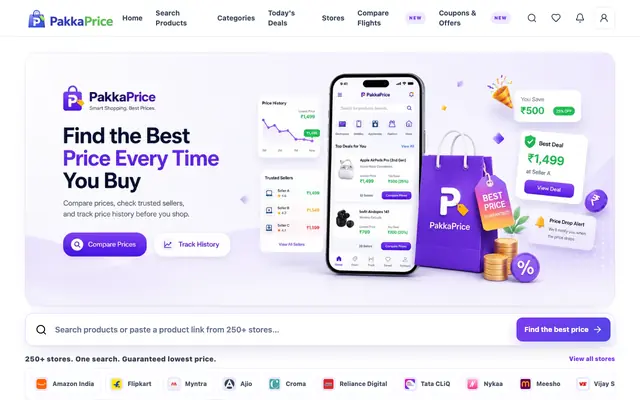 Screenshot of PakkaPrice - Compare Prices Across India's Top Online Stores