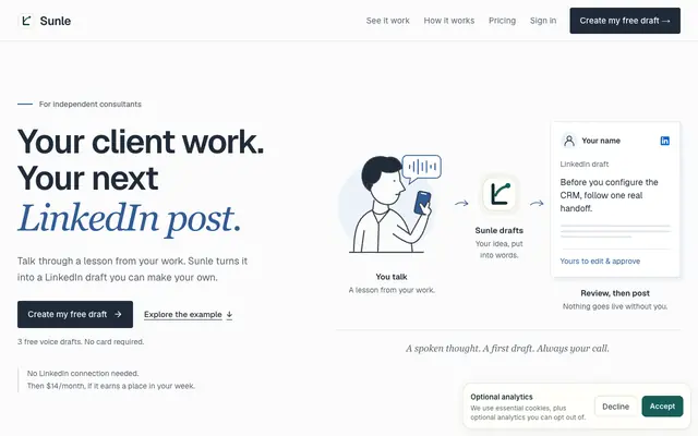 Screenshot of Sunle — Turn Client-Work Insights into LinkedIn Posts