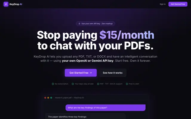 Screenshot of KeyDrop AI – Chat with your PDFs for free