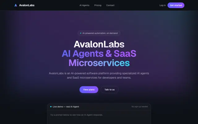 Screenshot of AvalonLabs Platform — AI Agents & SaaS Microservices