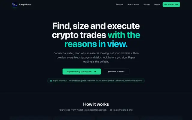 Screenshot of PumpPilot AI — AI Crypto Momentum & Paper Trading