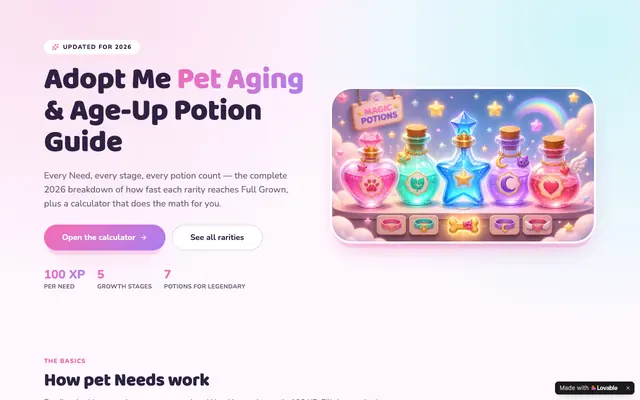 Screenshot of Adopt Me Pet Aging Guide 2026 — Needs & Age-Up Potions