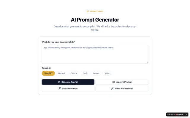 Screenshot of PromptSaint AI Prompt Generator — PromptSaint