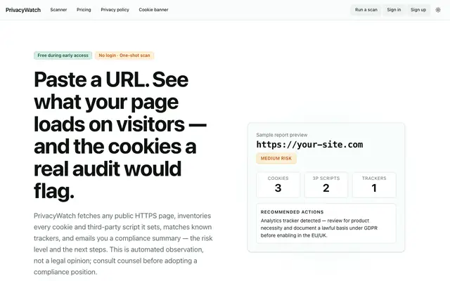 Screenshot of PrivacyWatch — Cookie + Tracker Scanner · PrivacyWatch