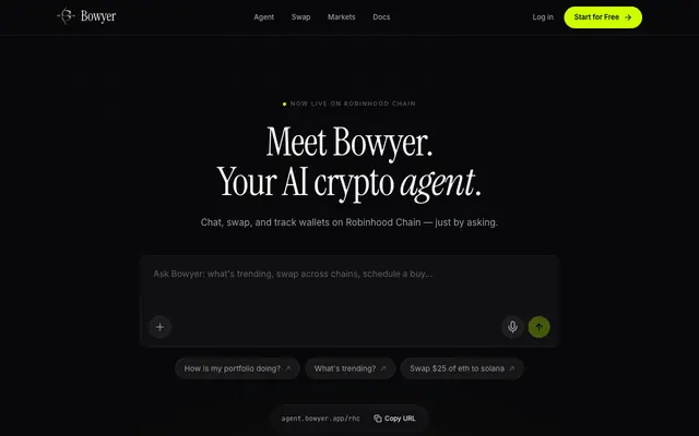 Screenshot of Bowyer — AI Crypto Agent on Robinhood Chain