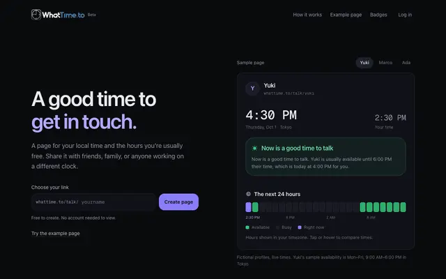 Screenshot of WhatTime.to: When's a good time to talk?