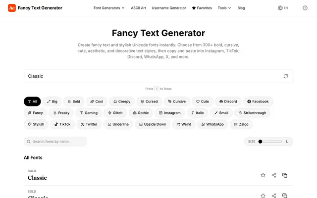 Screenshot of Stylish Font Generator — (𝓬𝓸𝓹𝔂 𝖆𝖓𝖉 𝓹𝓪𝓼𝓽𝓮)