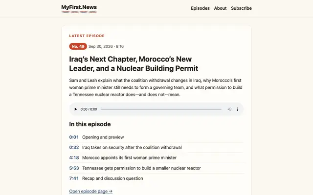 Screenshot of MyFirst.News — A news podcast for curious kids