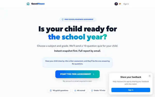 Screenshot of Free AI Assessment — Find Your Child's Strengths & Gaps | QuestHouse