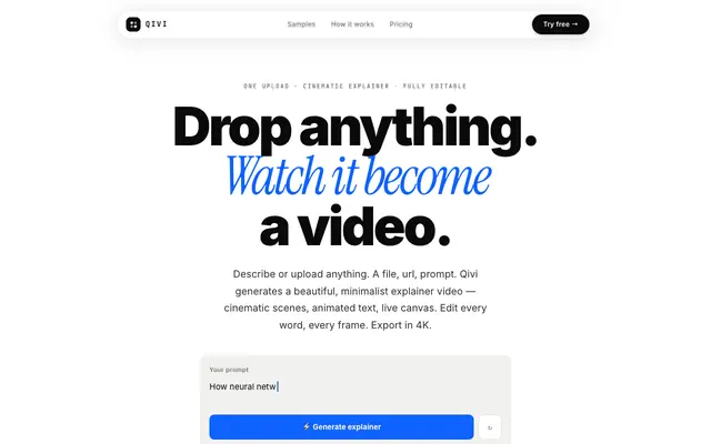 Screenshot of Qivi — Stunning explainer videos from a single prompt