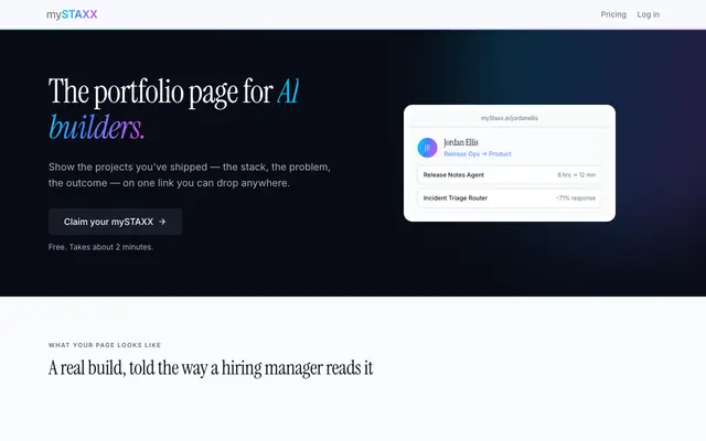 Screenshot of mySTAXX — Your AI portfolio in one link