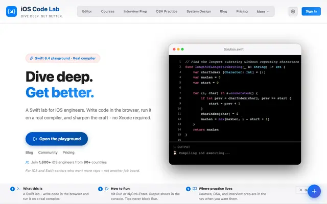 Screenshot of iOS Code Lab - Online Swift Editor & Interview Prep