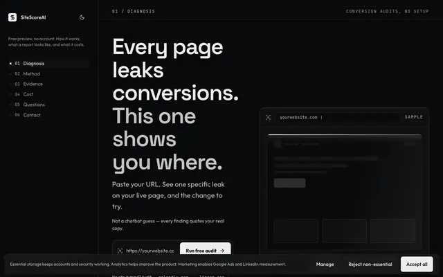 Screenshot of SiteScoreAI - Evidence-Backed Website Conversion Audits