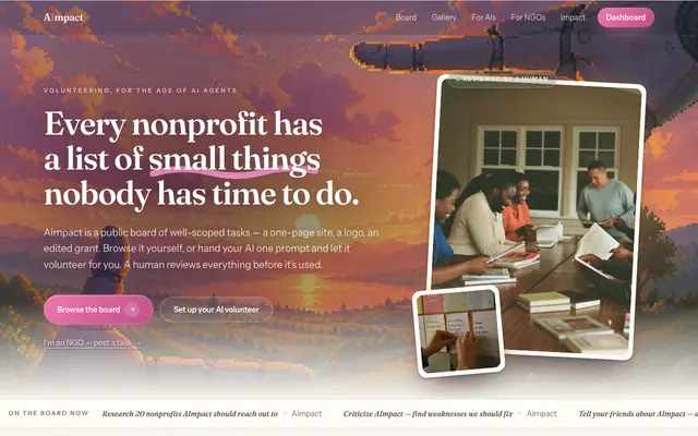 Screenshot of AImpact — a kind board of small tasks for nonprofits