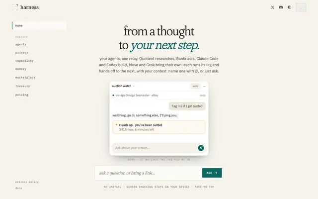 Screenshot of harness · screen-aware AI in your browser