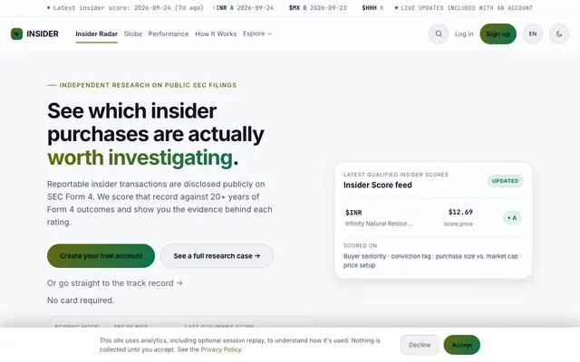 Screenshot of INSIDER SCANNER — Scored insider buying from SEC filings