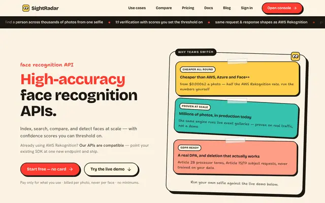 Screenshot of SightRadar — High-accuracy face recognition API, Rekognition-compatible
