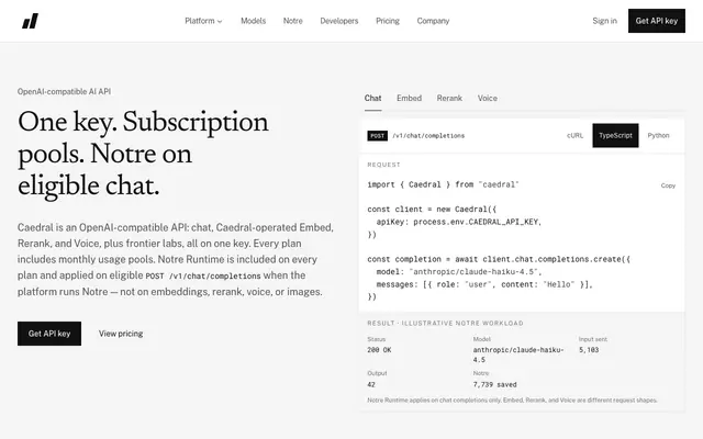Screenshot of Caedral — Prepaid AI API for Automation Agencies