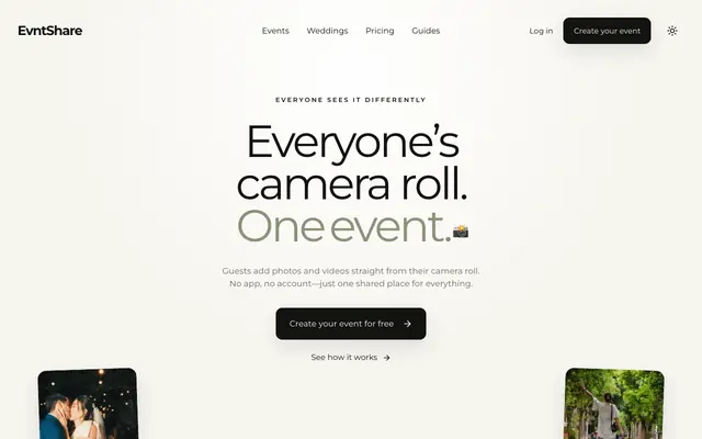 Screenshot of EvntShare — QR Code Photo Sharing for Weddings & Events