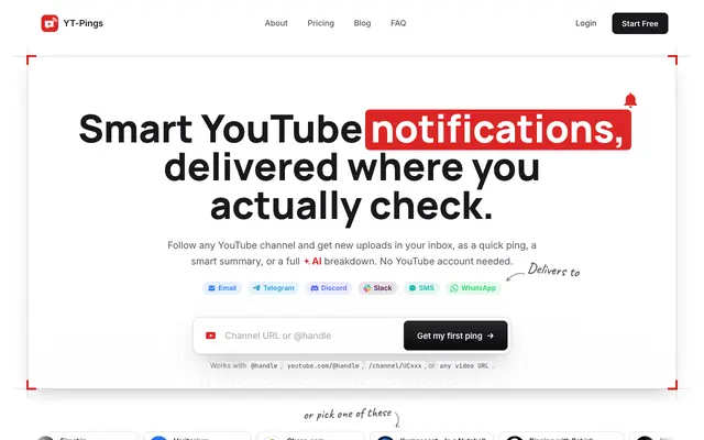 Screenshot of YT-Pings · Subscribe to YouTube on your terms