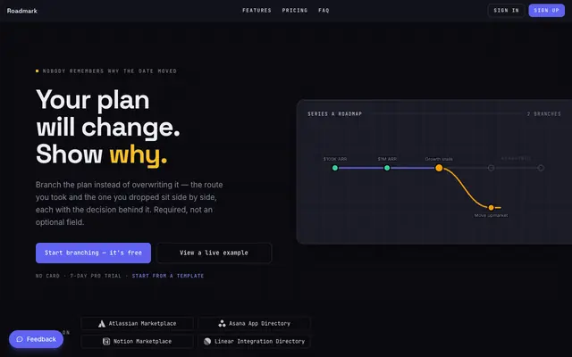 Screenshot of Roadmark — Visual roadmaps with branches and decisions