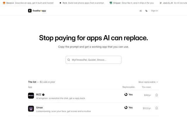 Screenshot of Stop paying for apps AI can recreate — 25 prompts, 25 working demos | freethe.ap