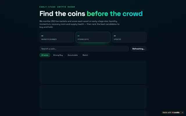 Screenshot of EarlyEdge — Early-Stage Crypto Signals & Buy Picks