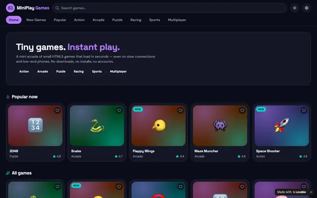 Screenshot of MiniPlay Games — Free Small Browser Games, Instant Play