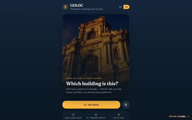 Screenshot of Facade — Identifiera vilken byggnad som helst från ett foto