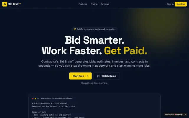 Screenshot of Contractor's Bid Brain™ — AI Bidding & Invoicing