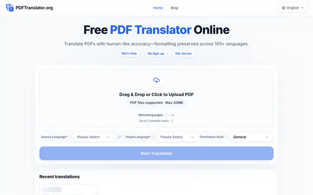 Screenshot of Free PDF Translator Online (AI-Powered) | PDFTranslator.org