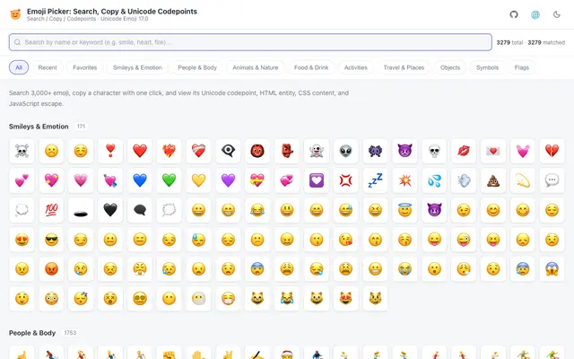 Screenshot of Emoji 选择器：搜索、复制与 Unicode 码点查询