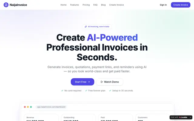 Screenshot of NaijaInvoice — AI-Powered Invoicing for Modern Businesses