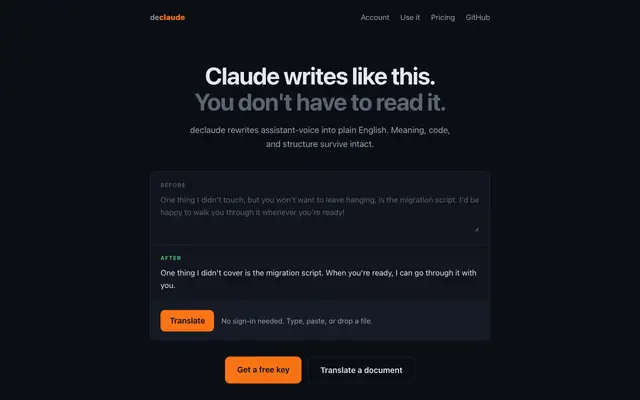 Screenshot of declaude: Claude-English to plain English