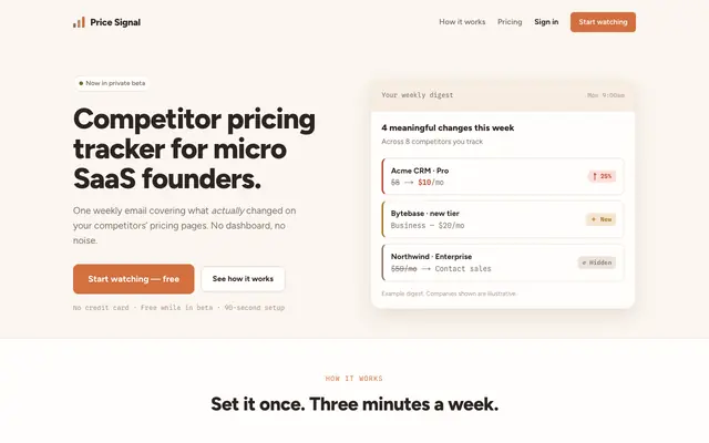 Screenshot of Price Signal — competitor pricing tracker for micro SaaS founders
