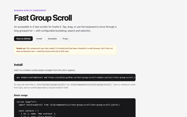 Screenshot of Fast Group Scroll — grouped-list fast scrolling for Svelte 5
