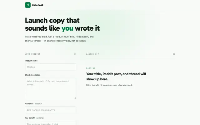 Screenshot of IndiePost — Launch copy for indie makers