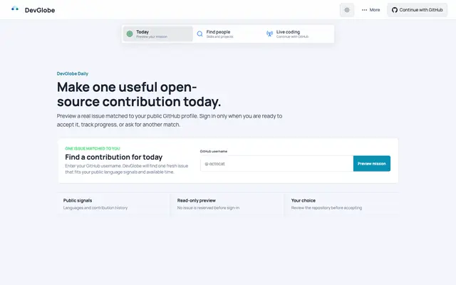 Screenshot of DevGlobe: Developer Discovery for Humans & AI Agents