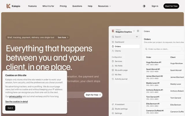 Screenshot of Kalepio, client briefs and project tracking for freelancers