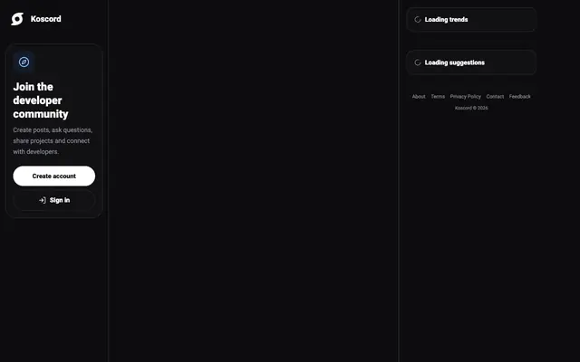 Screenshot of Koscord — a social network built for developers