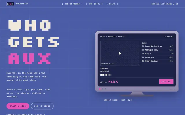 Screenshot of WhoGetsAux — one room, one aux, too many opinions