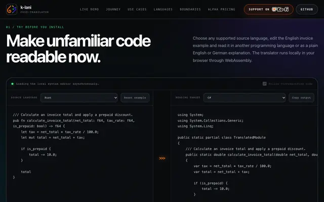 Screenshot of k-lani-code-translator — Read code across languages