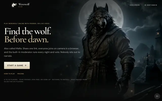 Screenshot of Werewolf Club · Live video Werewolf, AI moderated