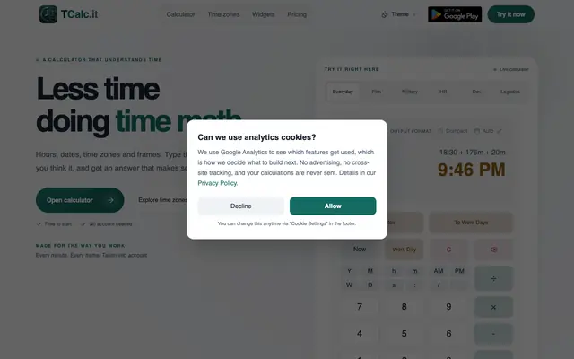 Screenshot of TCalc.it - Professional Time Calculator
