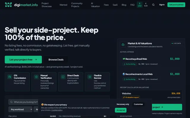 Screenshot of Digimarket.info — Giełda zweryfikowanych projektów IT i Micro-SaaS